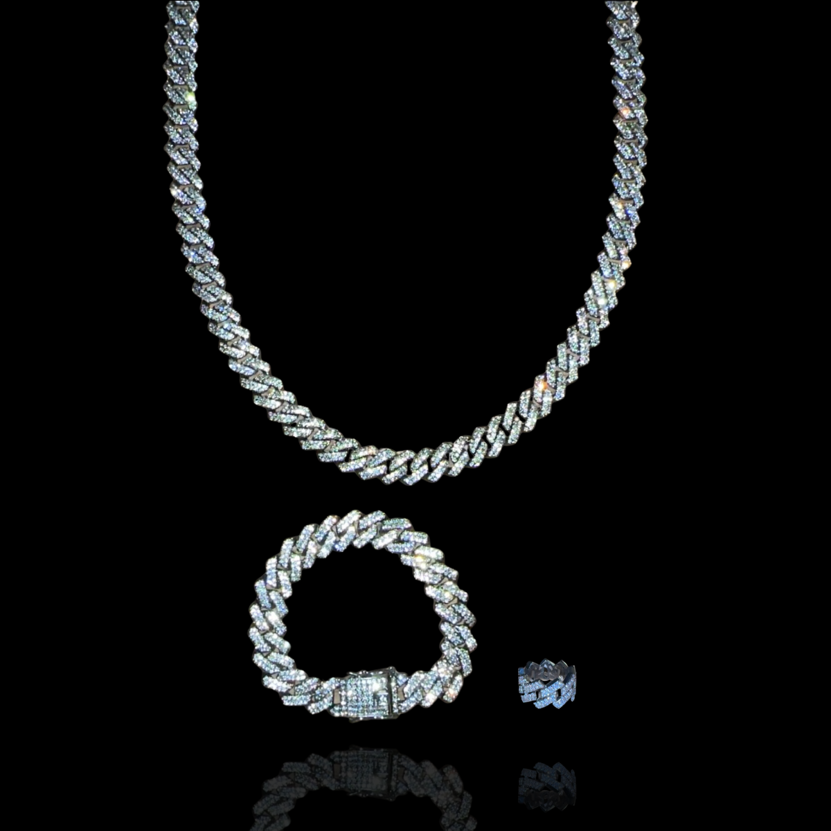 Iced out Cuban Link Chain+Bracelet+Ring