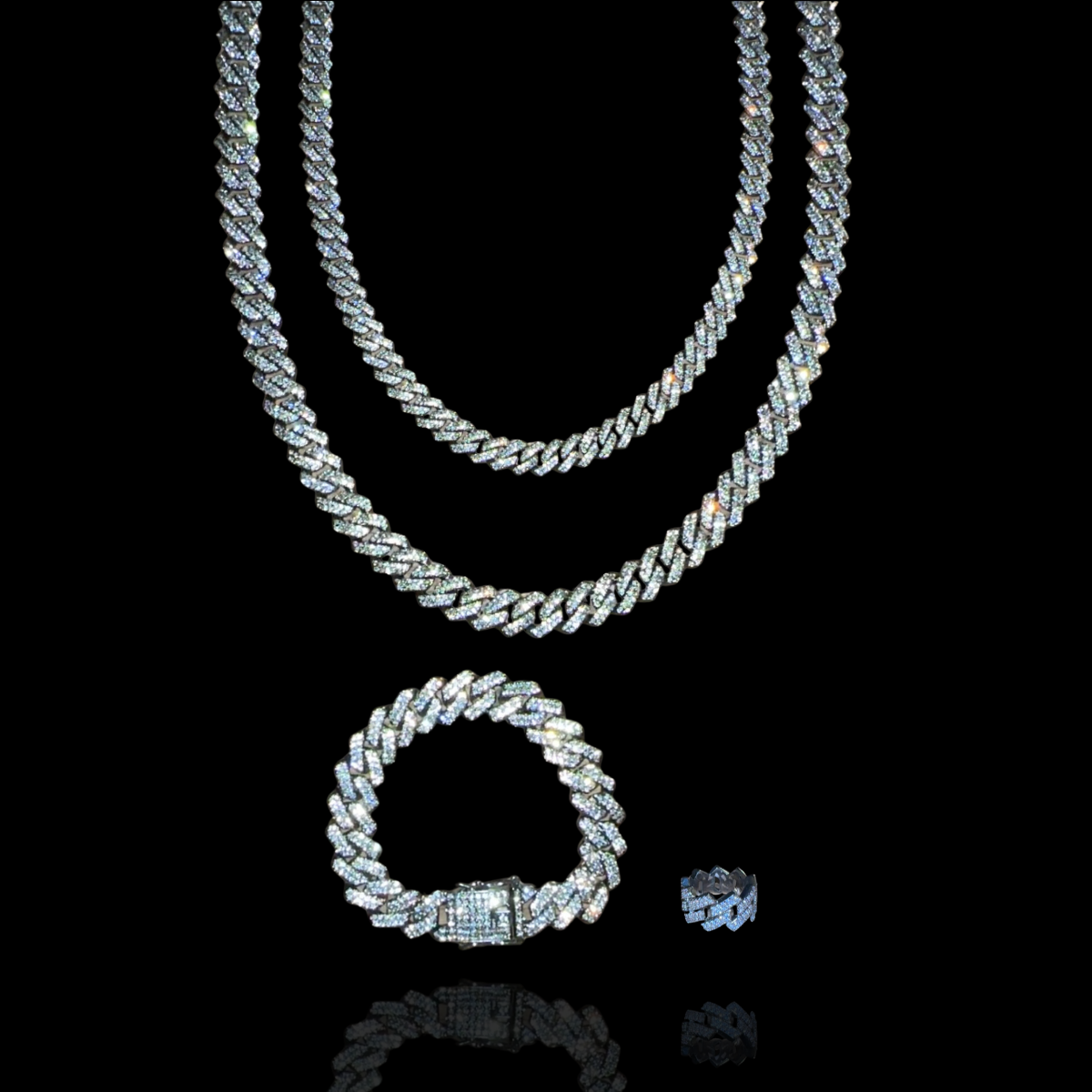 2 Iced Out Cuban Chains+Bracelet+Ring
